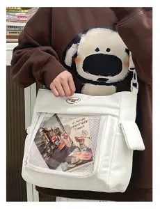 Sac bandoulière transparent style japonais grande capacité pour étudiantes et écolières.