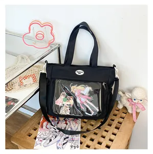 Sac bandoulière transparent style anime japonais grande capacité en toile noire pour fille