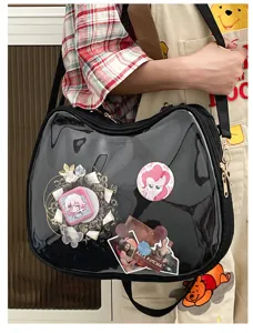 Clear transparent ita bag with cute cat ear shape, perfect for pins, badges, and ACG fans.