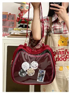 Red cat ear ita bag transparent window shoulder crossbody bag anime badge display backpack