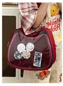 Red cat ear transparent ita bag with clear window, anime badges pin display shoulder bag.