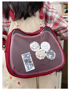 Red cat ear ita bag transparent window backpack for anime pins and cosplay daily use