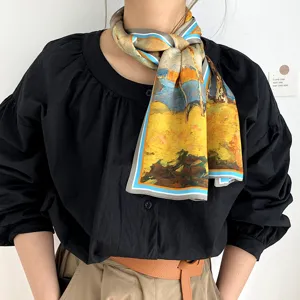 Sciarpa in seta da donna, elegante foulard lungo con stampa foresta di betulle a olio.
