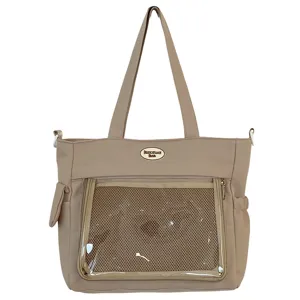 Sac cabas fourre-tout beige décontracté avec fenêtre filet, grand sac épaule en toile.