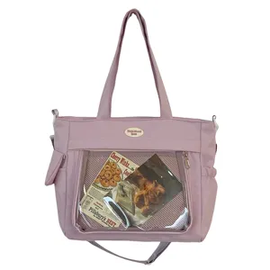 Sac ita en toile rose avec fenêtre transparente, grand sac à bandoulière pour femmes.