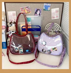 Transparent cat ita bag detail showcasing clear window for anime badges, PU leather messenger style.