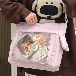 Sac bandoulière ita rose mignon style japonais avec fenêtre transparente, grande capacité.
