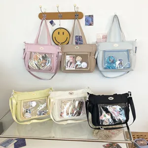 Sac cabas en toile style japonais kawaii grand format avec poche transparente pour badges