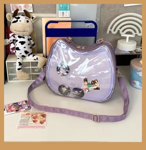 Transparent cat ita bag purple crossbody shoulder bag anime JK girl badge bag cute display purse