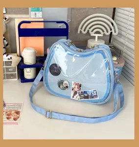 Transparent cat ear ita bag for anime badges and pins, cute JK shoulder crossbody bag.