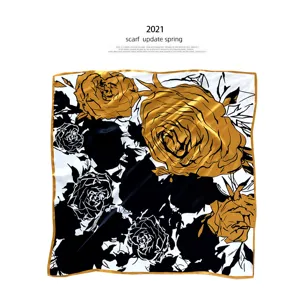 Elegante pañuelo cuadrado de seda rosa negro blanco oro vintage floral moda bufanda