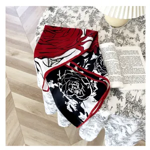 Pañuelo de seda rosa rojo y negro vintage francés elegante cuadrado para mujer