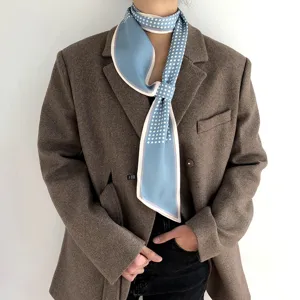 Printemps elegant foulard long en soie bleu clair a pois pour femme accessoire de cou chic