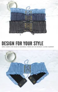 Women denim wide waist belt vintage corset cinch ruffle elastic waistband fashion dress accessory