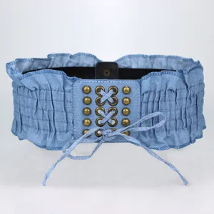 Women Denim Corset Belt Lace up Ruffle Wide Elastic Waistband For Dresses Skirts Vintage Waist Slimming Belt Girdle