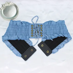 Women denim wide corset belt vintage lace up elastic waist cinch dress decorative strap.
