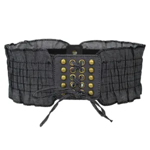 Vintage dark grey denim wide corset belt for women, stylish lace-up waist cincher.