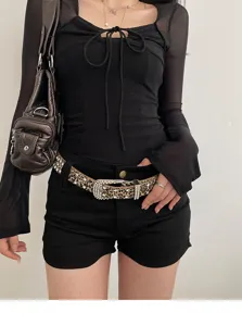 Cintura donna leopardata con strass, modello largo ed elegante con fibbia per jeans alla moda.