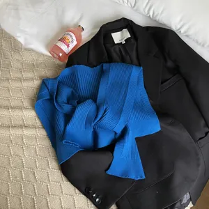 Blue ribbed knit shoulder cape, solid color cozy shawl for women spring summer office wear.