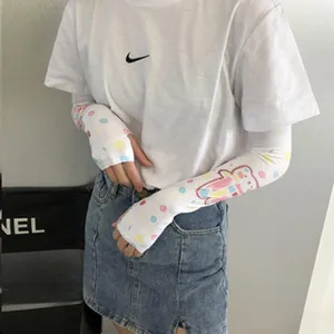 Ice silk sun protection arm sleeves featuring cute cartoon bear and colorful dot design.