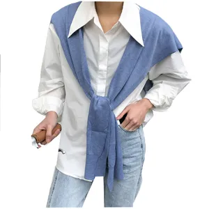 Ensemble élégant style coréen châle en tricot et chemise blanche pour femmes, image principale.