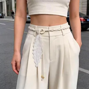 Women fashion woven belt chic leaf pendant waist chain long braided rope trouser accessory