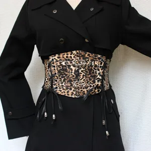 Mujer Ancho Elástico Estampado de Leopardo Cinturón de Cintura Corsé Cinch Cinturón PU Cuero Vintage Cordones Banda de Cintura Para Vestido Abrigo