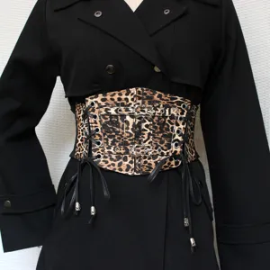 Cinturón corsé ancho con estampado de leopardo para mujer, hebilla metálica gótica elástica