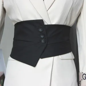 Black wide waist cincher detail, asymmetrical button design, chic belt for dresses and blazers.
