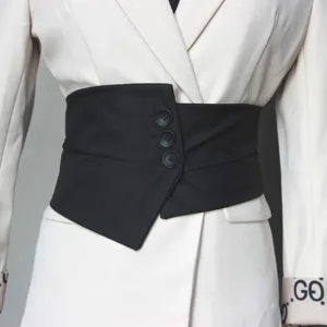 Black wide waist belt corset for women, soft fabric cinch belt for suit dress, stylish accessory.