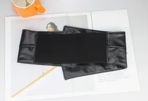 Black wide elastic corset belt for dresses and suits, stylish PU leather waist cincher detail.