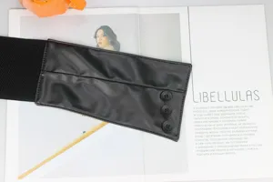 Wide black elastic waist belt with PU leather front and decorative buttons for dresses.