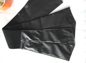 Black wide corset belt for women, elastic waist cinch band, stylish dress belt for suits.