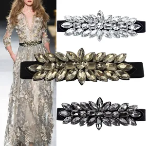 Damen Elastischer Gürtel Strass Inlay Legierung Taillengürtel Luxus Kunstleder Blume Kleid Gürtel Modisch Elegant Tailleband