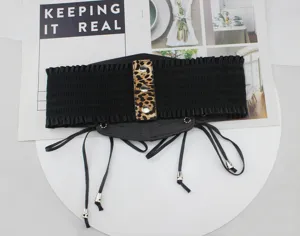 Cinturón elástico ancho de mujer, fajín negro con panel de leopardo y remaches para abrigos