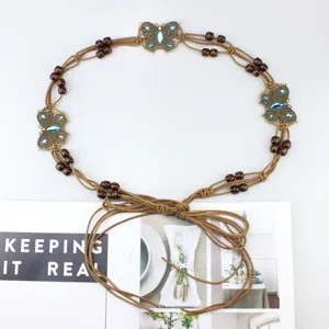 Bohemian Handmade Braided Wax Rope Waist Chain With Rhinestone Butterfly Metal Flower Ornaments Wooden Beads Adjusable Body Chain Belt For Dress Women