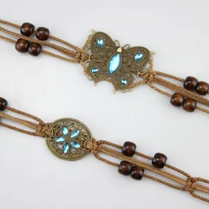 Bohemian rhinestone butterfly waist chain with handmade wooden beads and braided ropes.