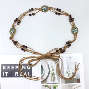 Boho handmade wax rope waist belt with wood beads and blue rhinestones for women dress