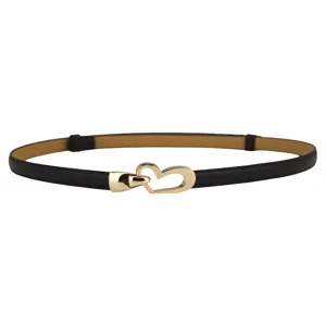 Women's thin black leather belt with gold heart buckle, stylish waist accessory for dress.