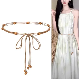 Dames Etnische Stijl Handgemaakt Gevlochten Smalle Riem Casual Veelzijdig Waskoord Tailleketting Met Houten Kralen Kwastjes