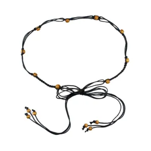 Etnische gevlochten dunne tailleceintuur met houten kralen, stijlvol strikaccessoire voor jurken.