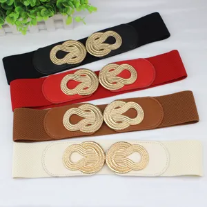 Fashion Women Wide Corset Belt Faux Leather Elastic Ribbon Waistband Gold Metal Interlocking Buckle Chinese Knot Design Dress Decorative Belt Accessories
