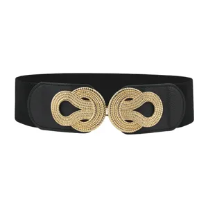 Women's wide elastic waist belt with gold metal rope knot buckle, stylish dress decoration accessory.