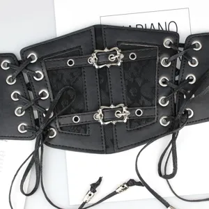 Dames Vintage Casual Kunstleder Corsetriem Kant Elastische Brede Taille Riem Patchwork Vetersluiting Corset Voor Jurk Overhemd Accessoires