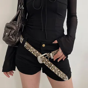 Cintura donna leopardata con strass cristalli fibbia ad ardiglione larga per jeans
