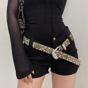 Cintura leopardata con strass donna ampia fibbia ardiglione moda jeans accessorio chic