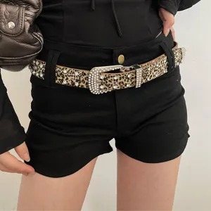 Cintura leopardata con strass da donna moda larga in vera pelle con fibbia scintillante.