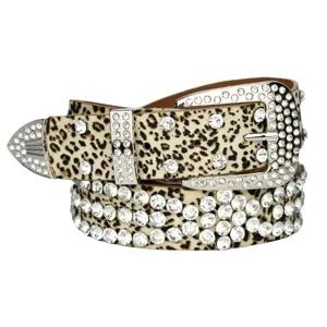 Lussuosa cintura donna leopardata con strass cristalli western in vera pelle per jeans.