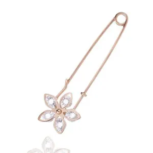 Rose gold crystal flower safety pin brooch detail, elegant waist tightening accessory for women.