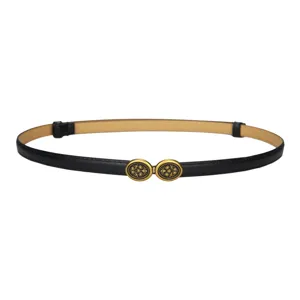 Damen Vintage schwarzer schmaler Ledergürtel mit goldener Metallschnalle für Kleider